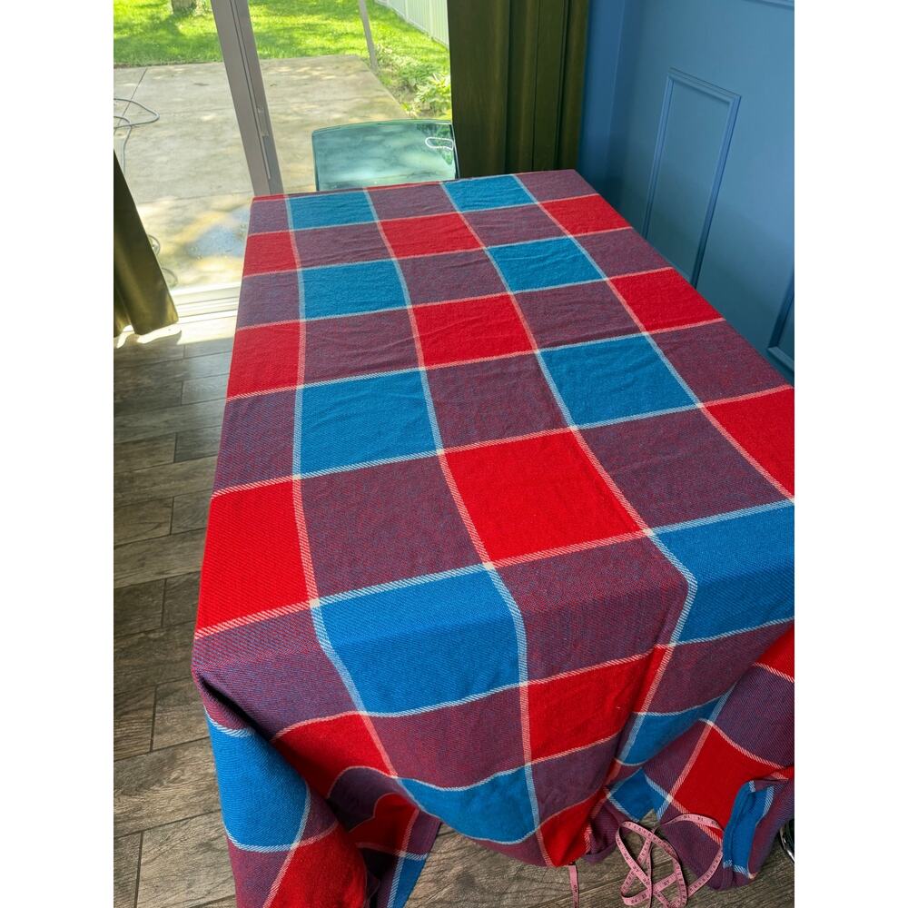 Sears Checkerboard Bedspread Blanket 
 Blue Red Vintage 80's 74" x 114